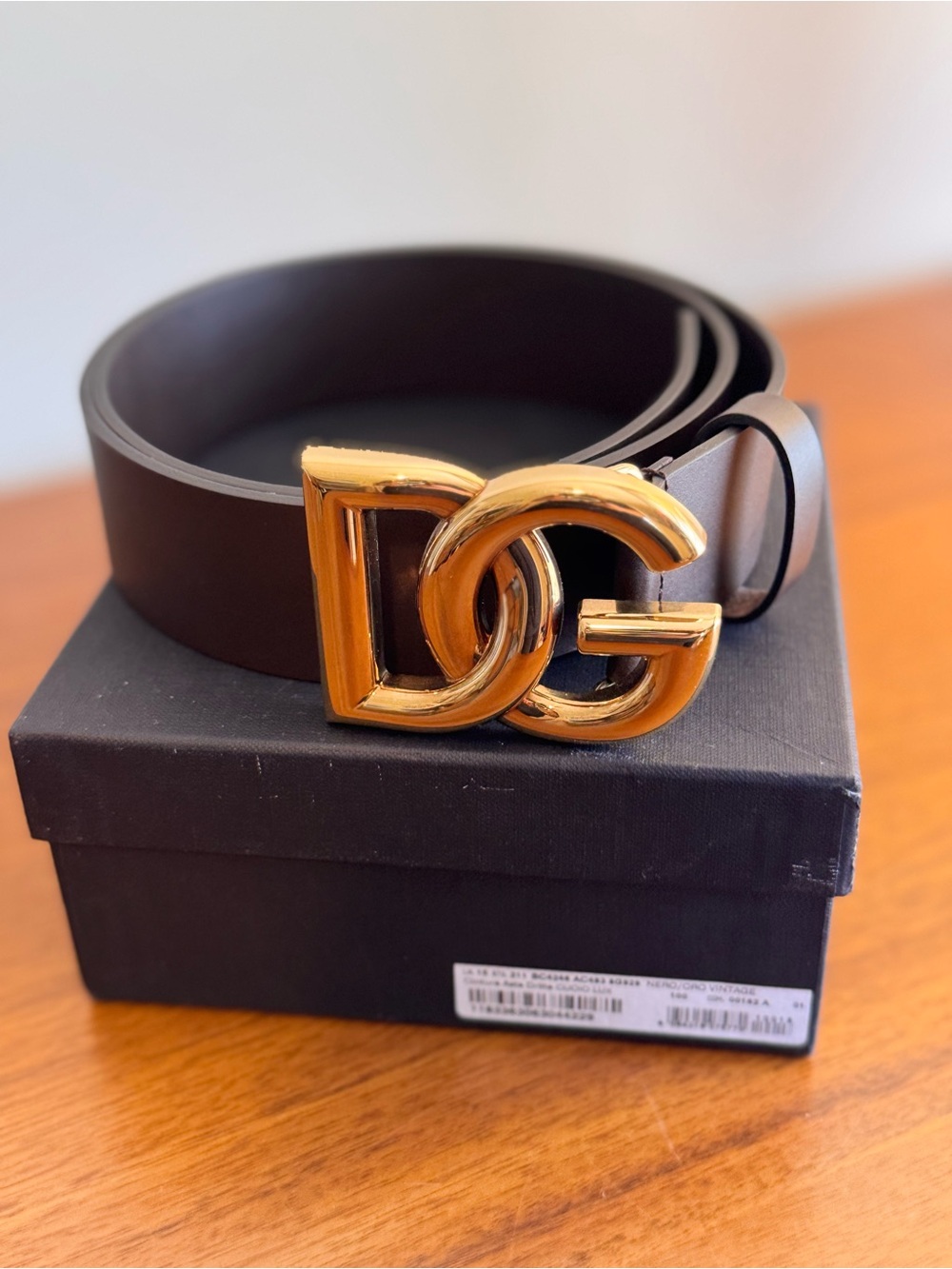 NWT Dolce & Gabbana DG Gold Buckle Dark Brown Leather Belt 85/34 Full Set